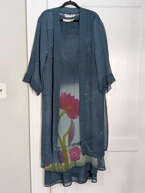 Klozlyne Blue Floral Dress & Kimono Set Women's Medium Flowy Bohemian Artsy